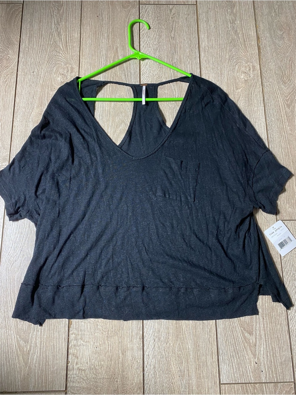 Free People Take 2 Tee Black Oversized Raw Hem V-Neck Pocket Top NWT